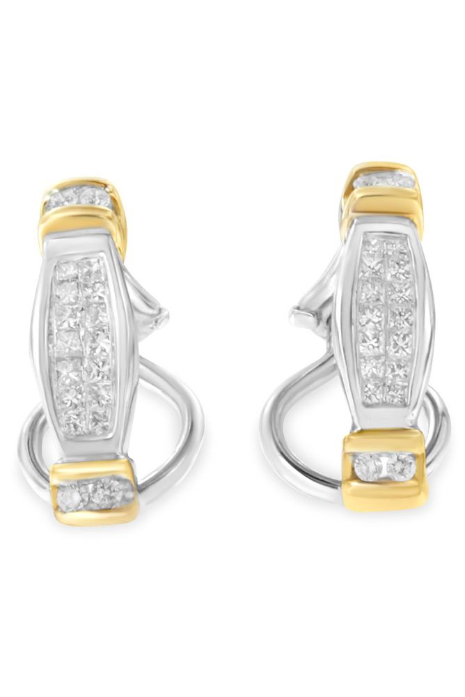 14K Two-Toned Gold Round and Princess Cut Diamond Earrings